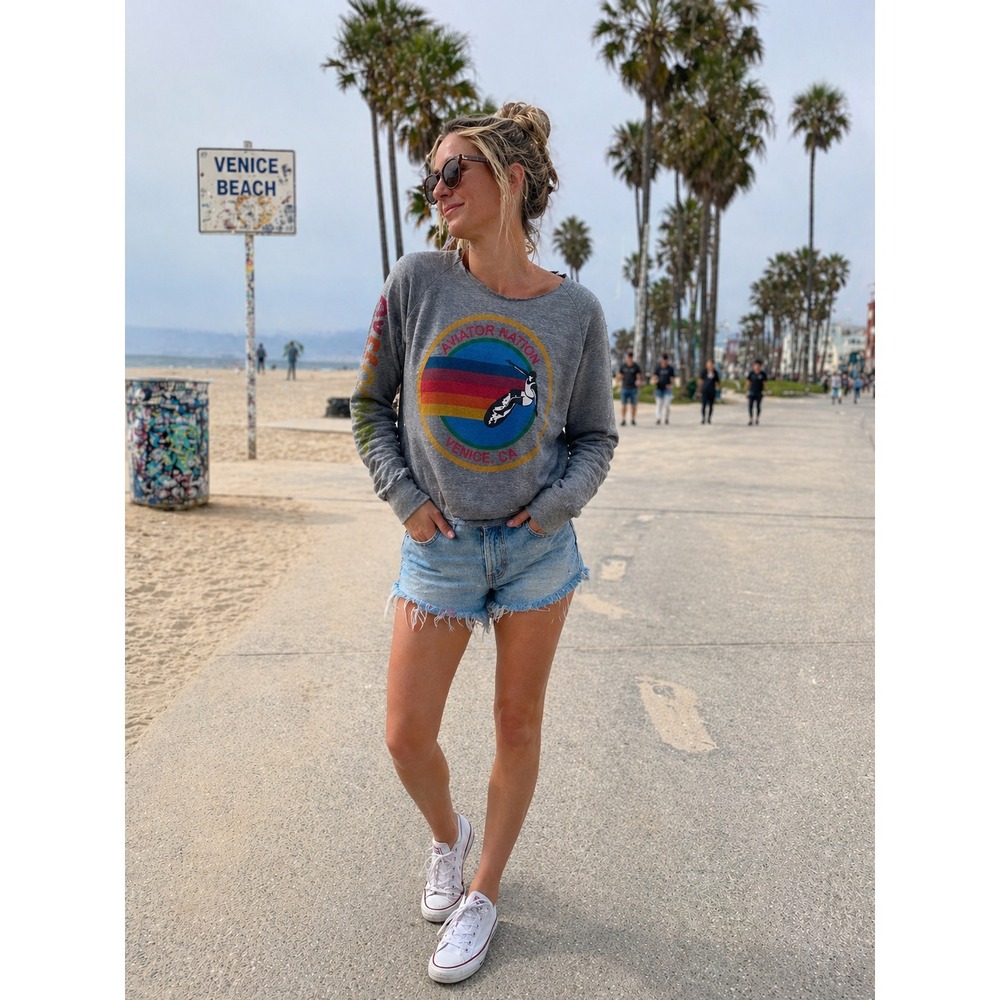 Aviator Nation Rainbow Surf Sweatshirt XS Raw Cut Modified Neck Venice CA